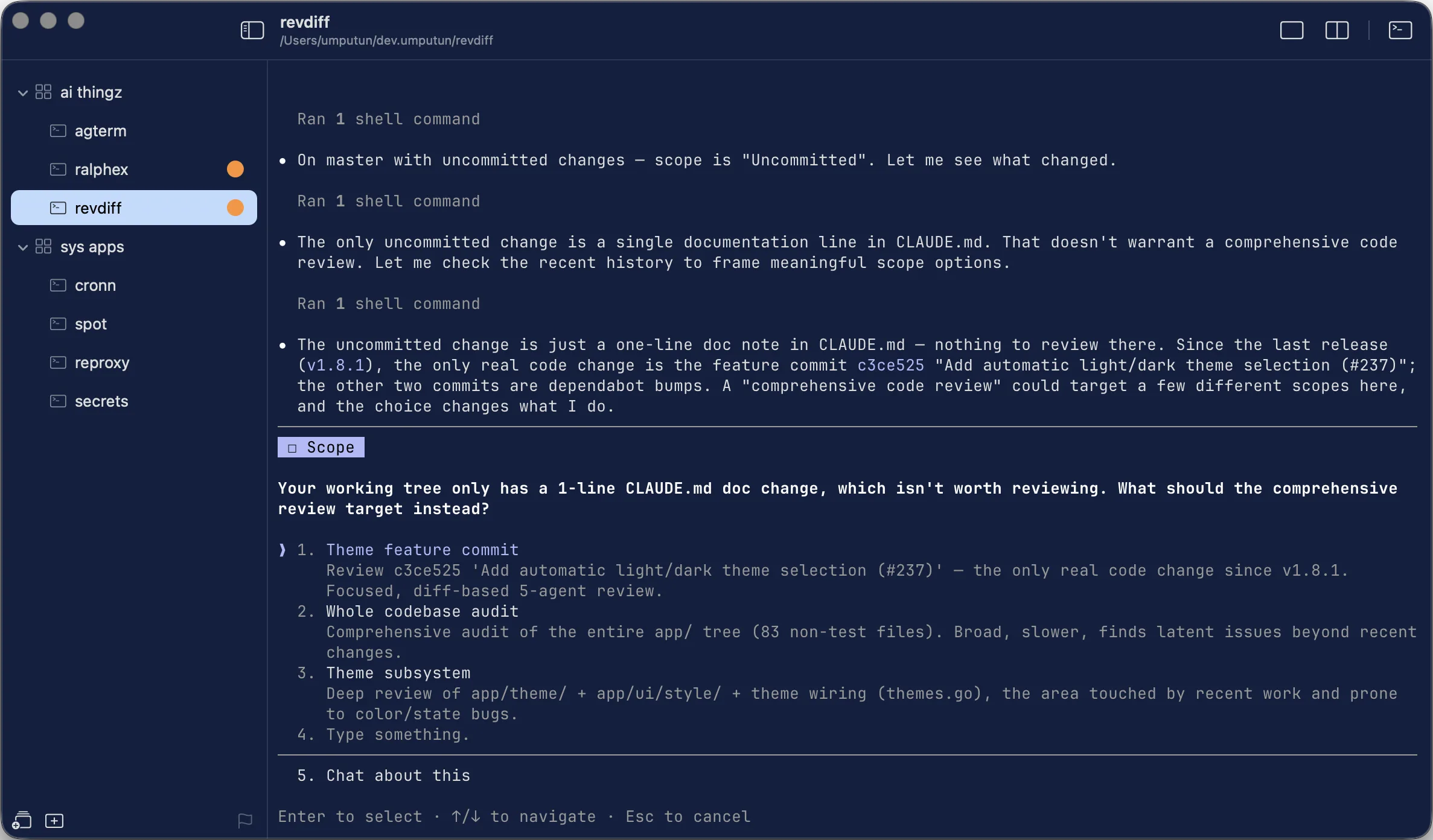 An agent's interactive prompt with attention glyphs on sessions that need you