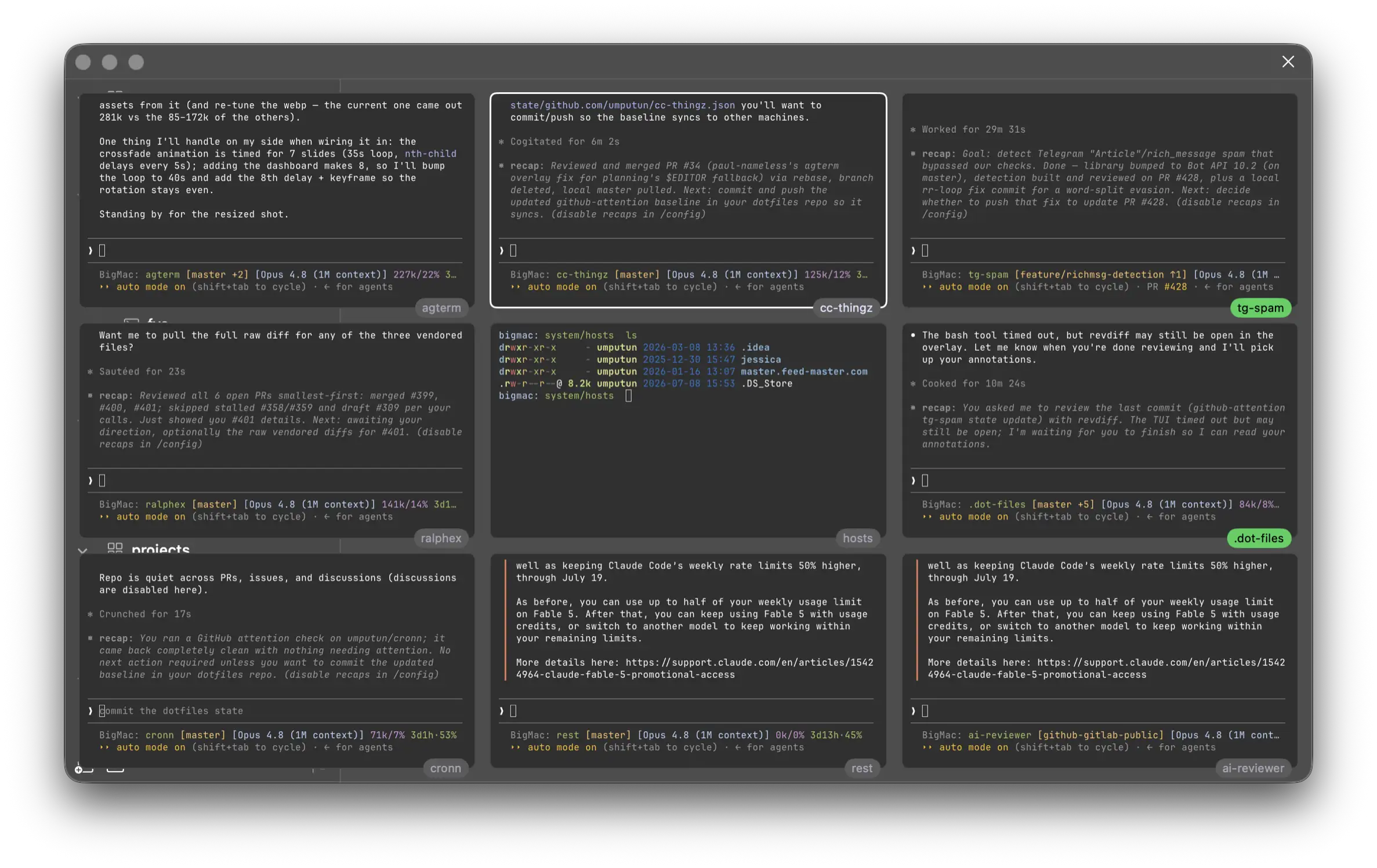 The dashboard: a grid of several live terminal sessions watched at once