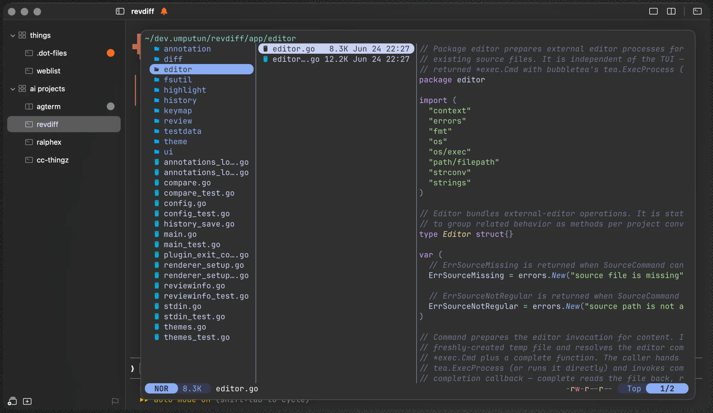 A file manager in a floating overlay over the active session