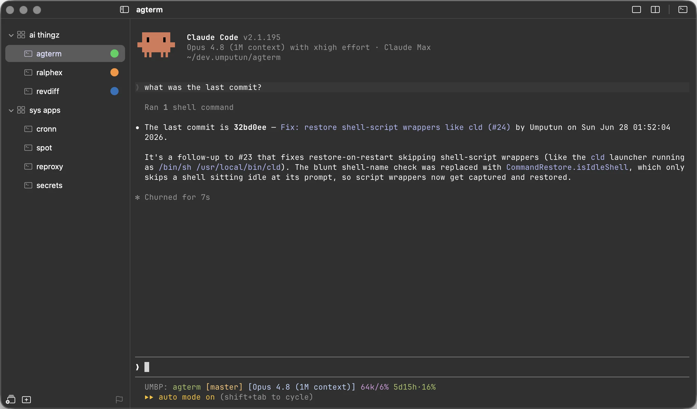 agterm main window: two-level sidebar grouping sessions under workspaces